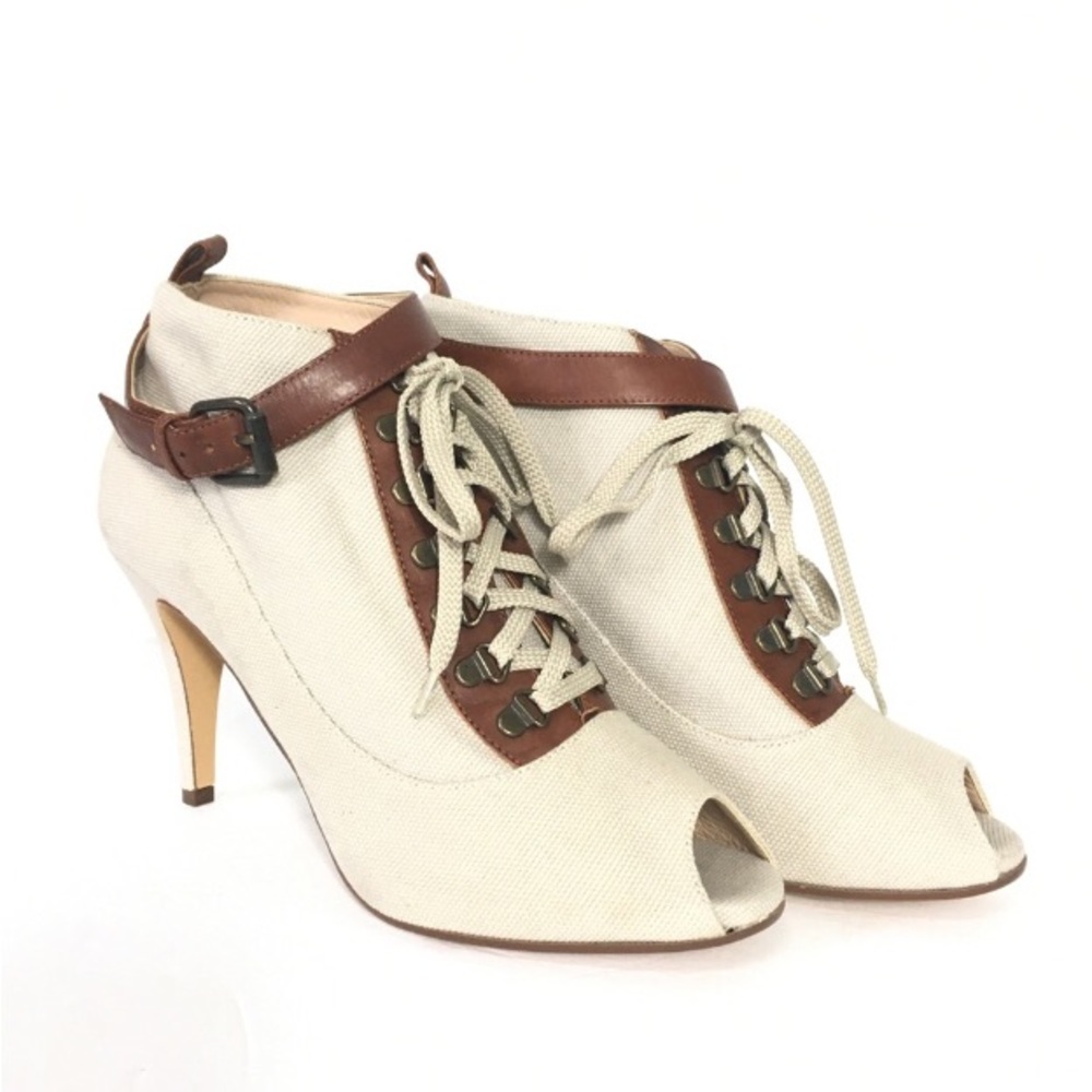 NWOT J. CREW Vintage Leather/Fabric Upper Leather Lining Lace Open Toe Shoes 9.5